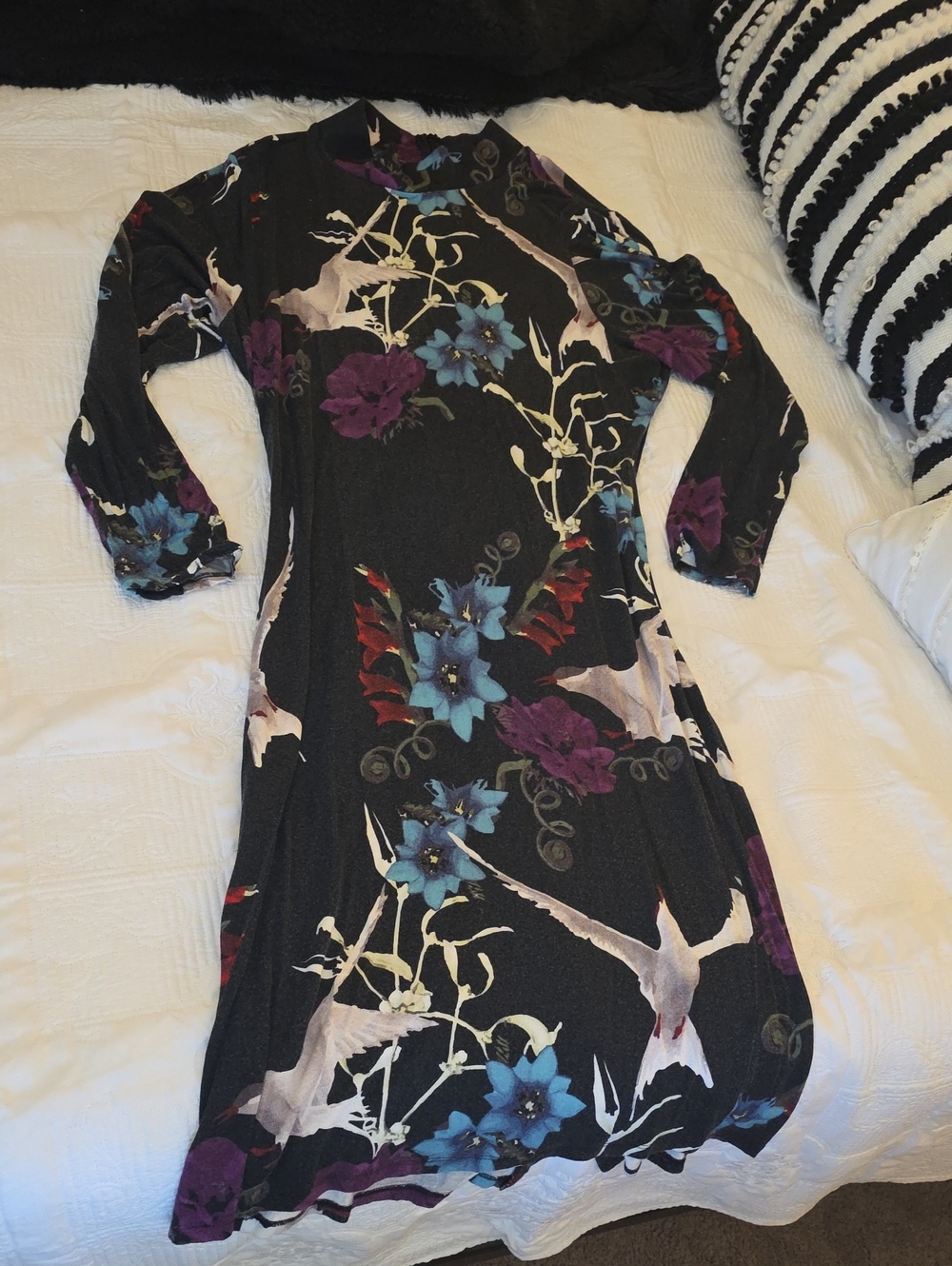Black Floral Print Women's Dress with Blue & Purple Accents